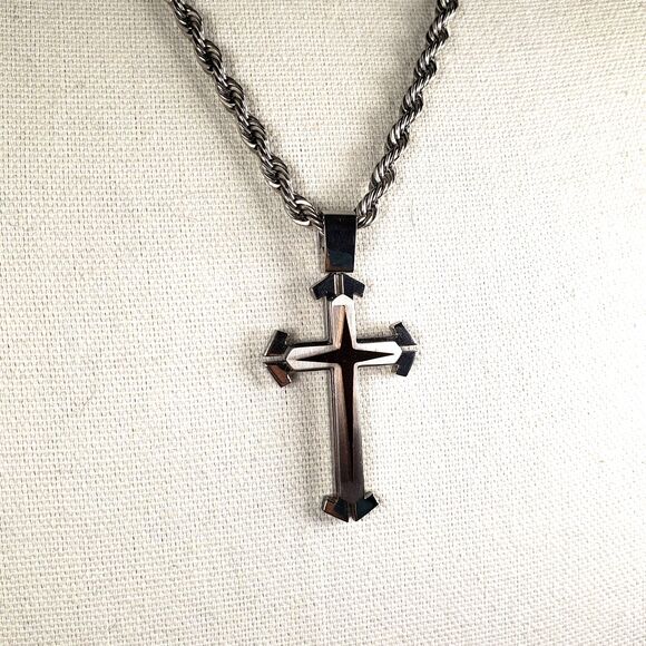 Vintage Stainless Steel 3D Cross Pendant Thick 23" Rope Necklace - Picture 6 of 16